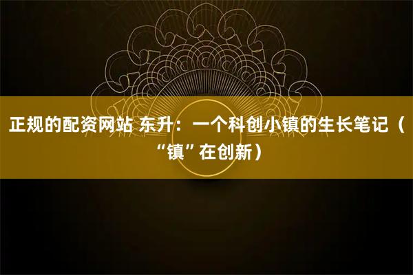 正规的配资网站 东升:一个科创小镇的生长笔记(“镇”在创新)